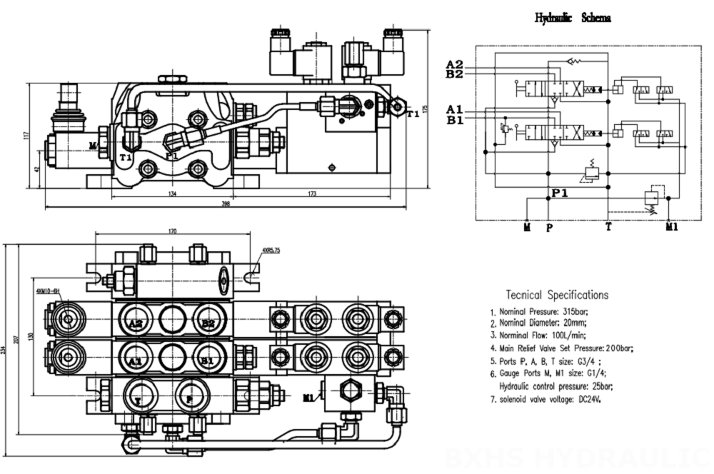 DCV100 Elettroidraulico 2 Spool Valvola direzionale sezionale drawing image