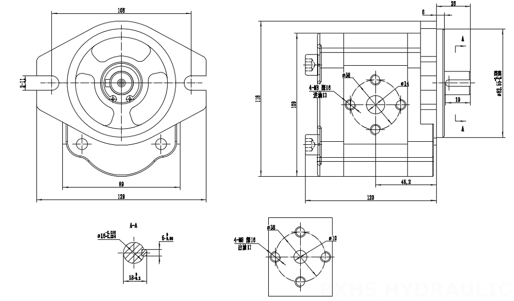 CBHS-FL304 Cilindrata per giro a 4 cc Pompa a ingranaggi idraulica drawing image