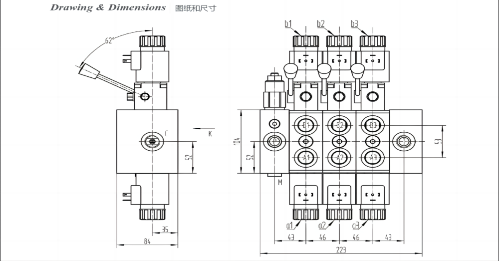 DCV58 Solenoide e manuale 3 Spool Valvola direzionale sezionale drawing image