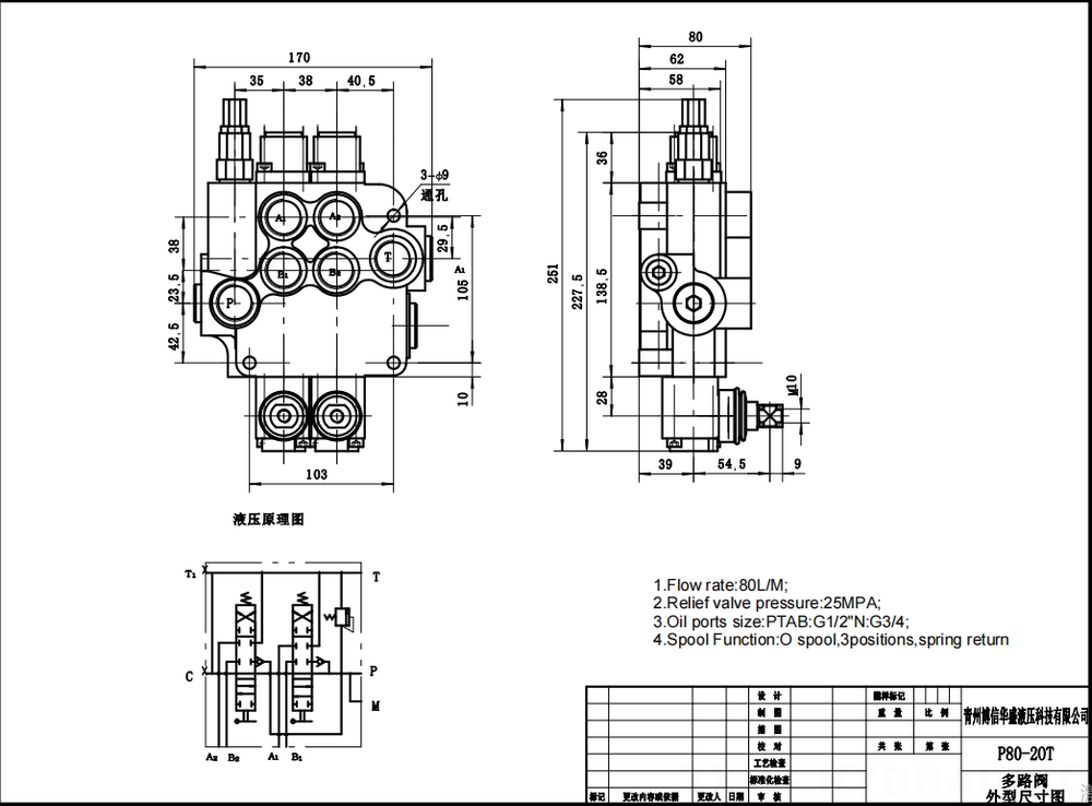 P80A Manuale 2 Spool Valvola direzionale monoblocco drawing image