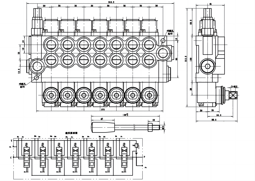 P40-U78 Manuale 7 Spool Valvola direzionale monoblocco drawing image