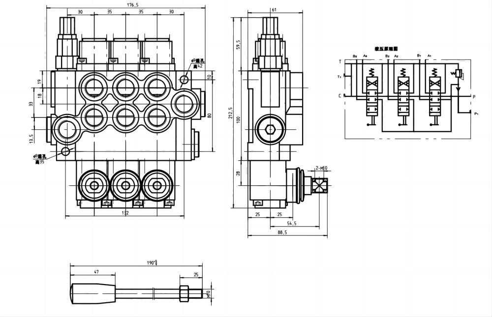 P40-G12-G38-OT-OT-OT Manuale 3 Spool Valvola direzionale monoblocco drawing image