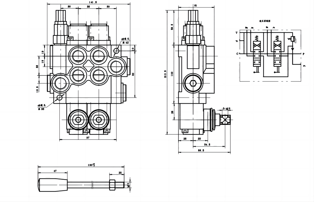 P40-G12 Manuale 2 Spool Valvola direzionale monoblocco drawing image