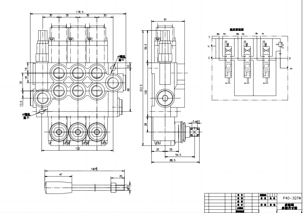 P40-G12-G38-3QTW Manuale 3 Spool Valvola direzionale monoblocco drawing image