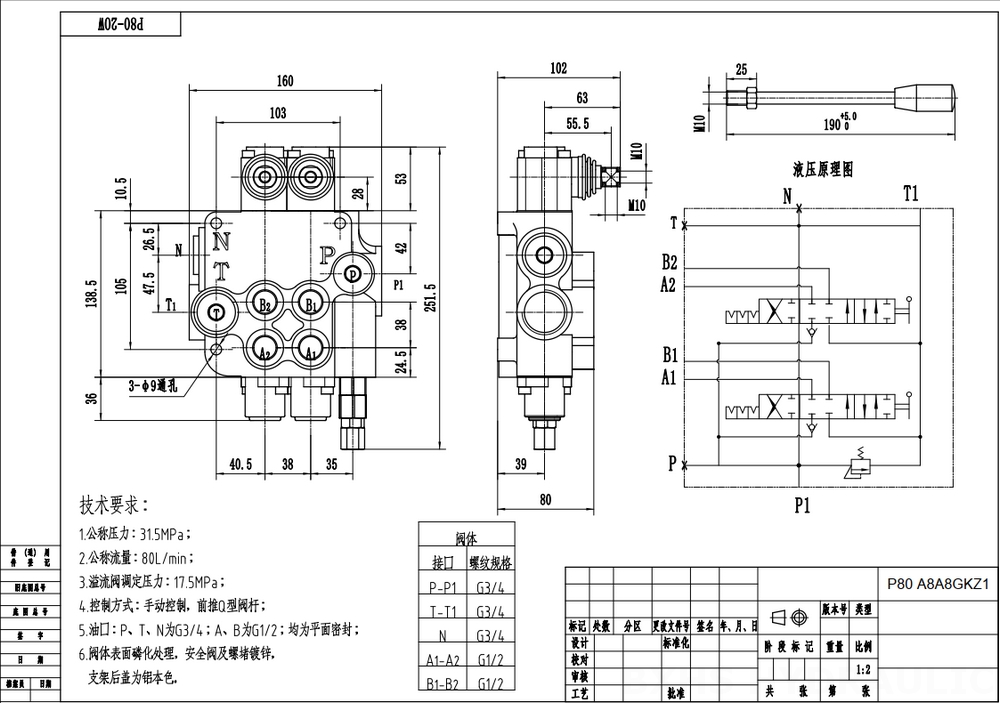 P80-G12-G34-OW Manuale 2 Spool Valvola direzionale monoblocco drawing image