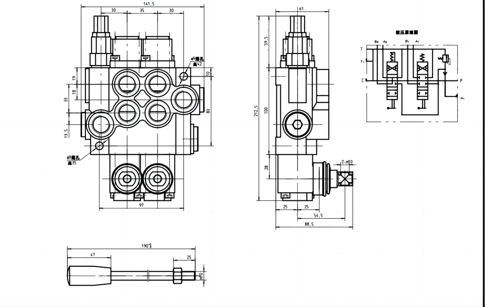 P40-U78-U34-OT-YW Manuale 2 Spool Valvola direzionale monoblocco drawing image