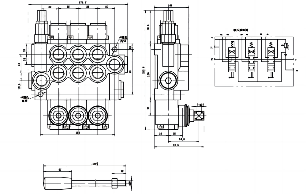 P40-U78-U34-2OT-YW Manuale 3 Spool Valvola direzionale monoblocco drawing image