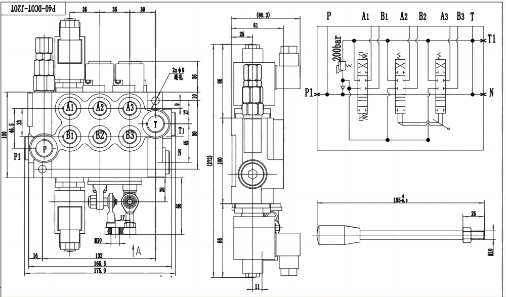 P40 Solenoide e joystick 3 Spool Valvola direzionale monoblocco drawing image