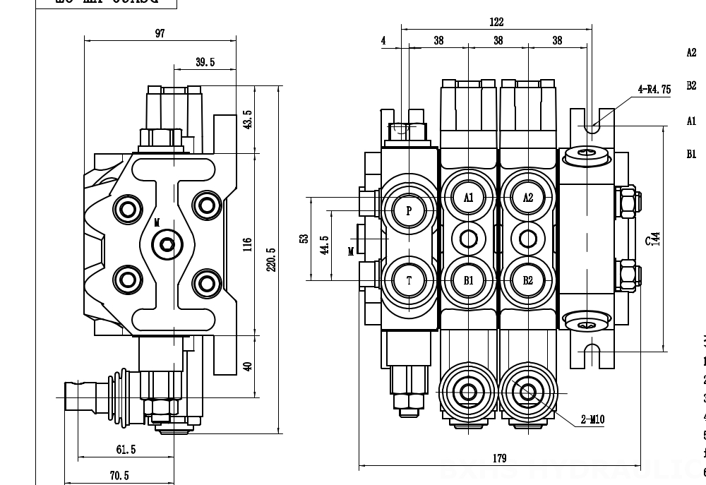 DCV60-Double control Manuale 2 Spool Valvola direzionale sezionale drawing image