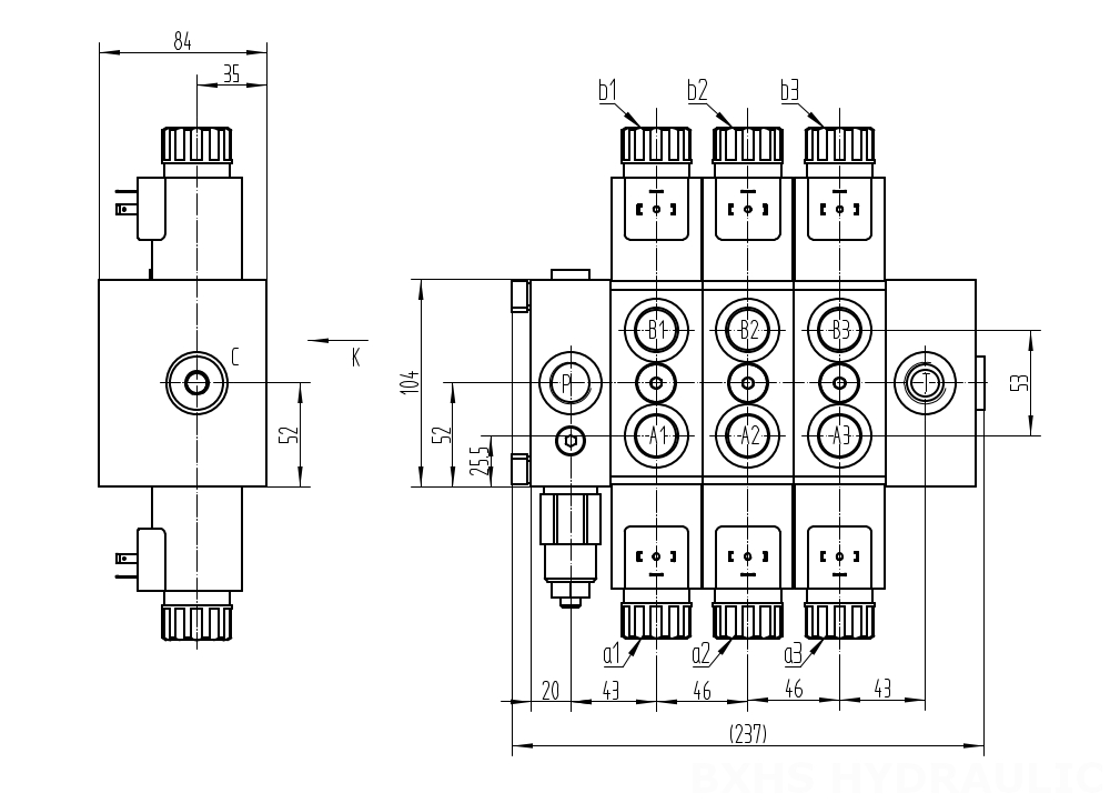 DCV58 Solenoide 3 Spool Valvola direzionale sezionale drawing image