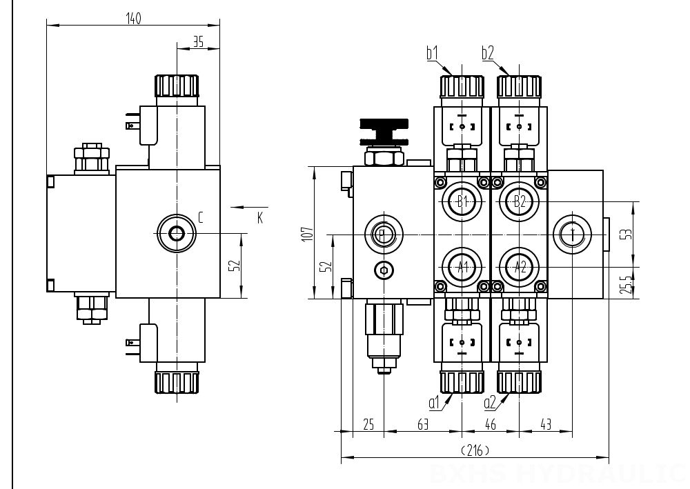 DCV58F Solenoide 2 Spool Valvola direzionale sezionale drawing image