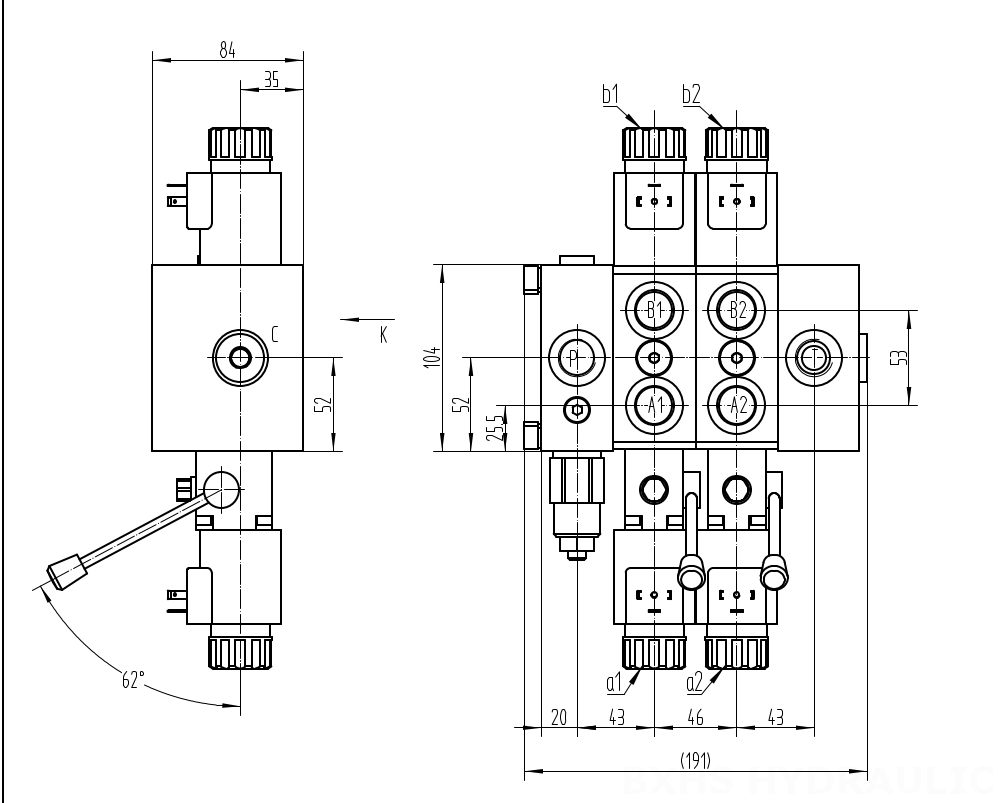 DCV58 Solenoide 2 Spool Valvola direzionale sezionale drawing image