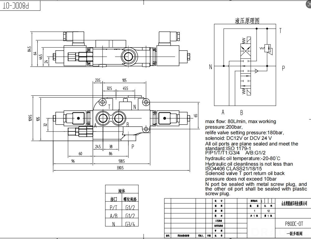 P80 Solenoide 1 Spool Valvola direzionale monoblocco drawing image