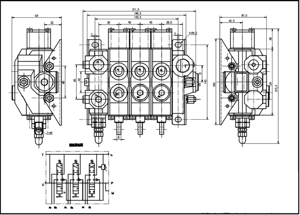 HSDS15 Manuale 3 Spool Valvola direzionale monoblocco drawing image