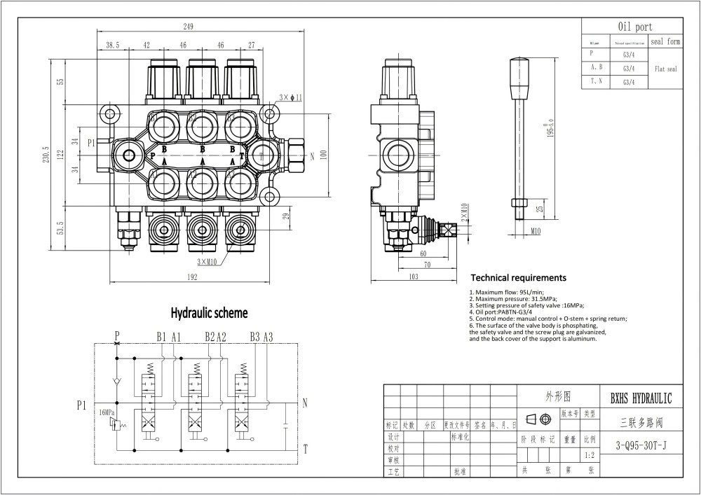 Q95 Manuale 3 Spool Valvola direzionale monoblocco drawing image