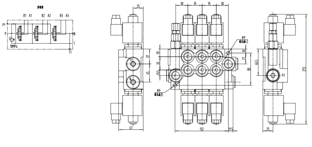 P40-DKL Solenoide 3 Spool Valvola direzionale monoblocco drawing image