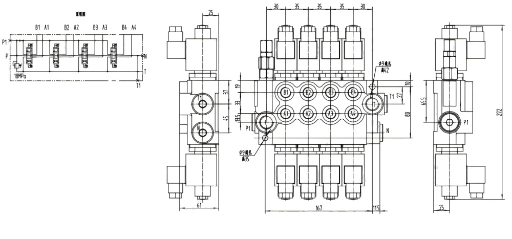 P40-DKL Solenoide 4 Spool Valvola direzionale monoblocco drawing image