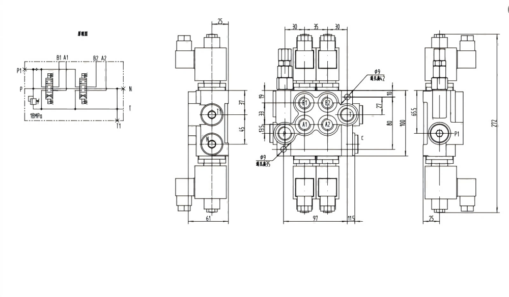 P40-DKL Solenoide 2 Spool Valvola direzionale monoblocco drawing image