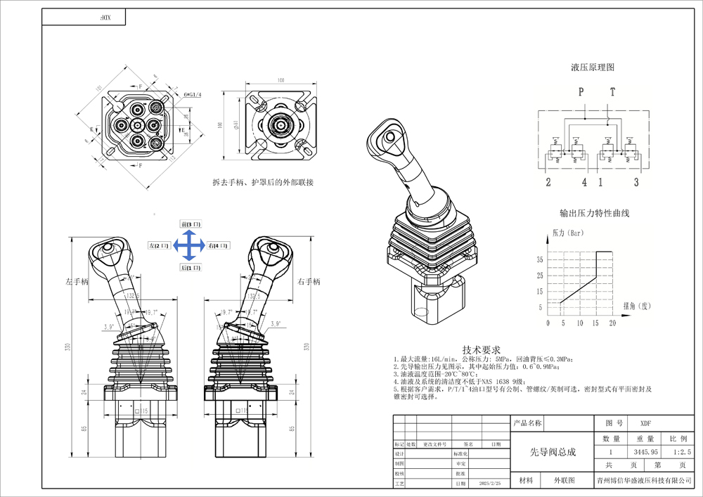 XDF-2 Joystick 2 Spool Joystick Idraulico drawing image