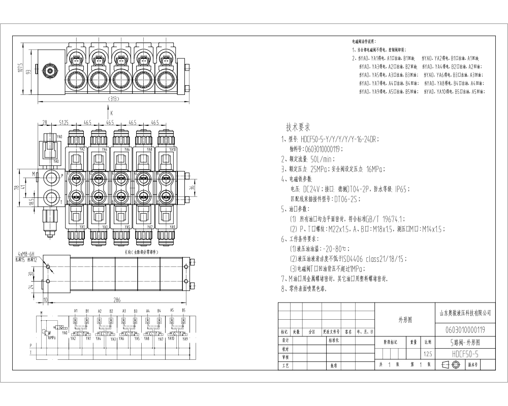 HDCF50 Solenoide 5 Spool Valvola di controllo del solenoide drawing image