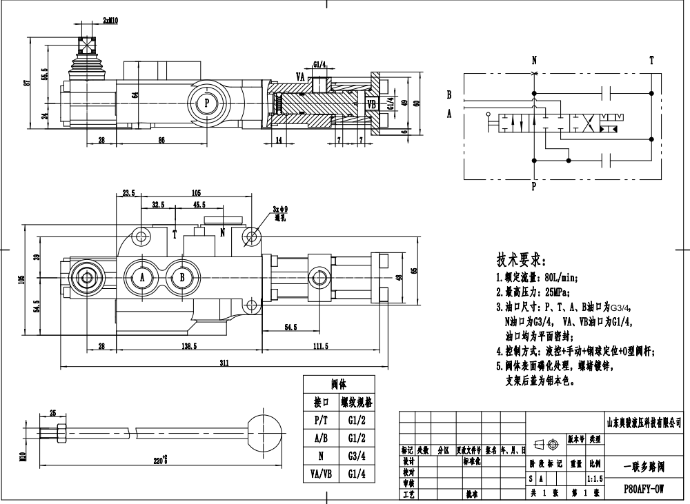 P80F-G34 Idraulico 1 Spool Valvola direzionale monoblocco drawing image