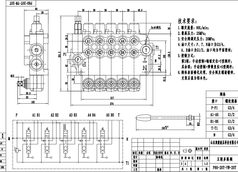 P80-G34-G12-2OT-YW-2OT Manuale 5 Spool Valvola direzionale monoblocco drawing image