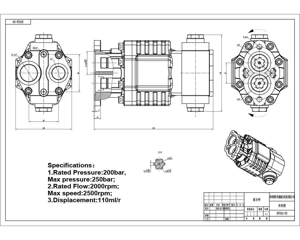 BF110A-ZF1 110 cc/giro 20 MPa (2900 psi) Pompa a ingranaggi idraulica drawing image
