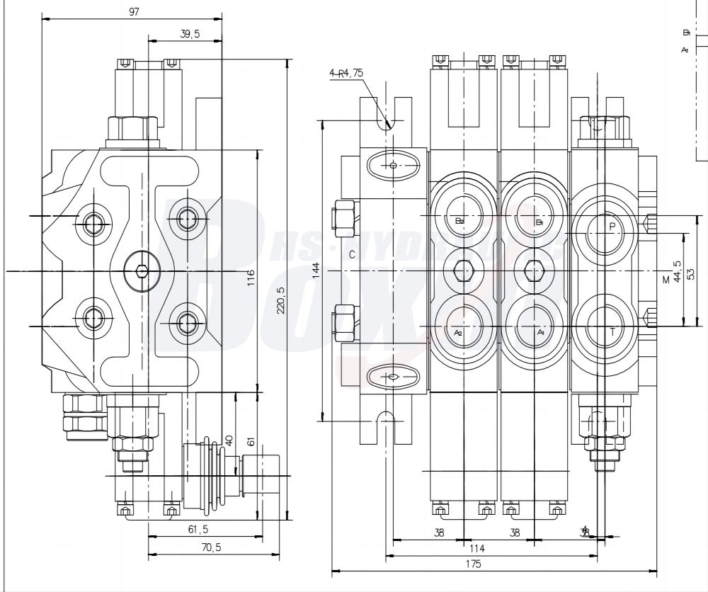 Sectional Control Valve DCV60-FZJ 2 Spool Manual Directional Control Valve drawing image