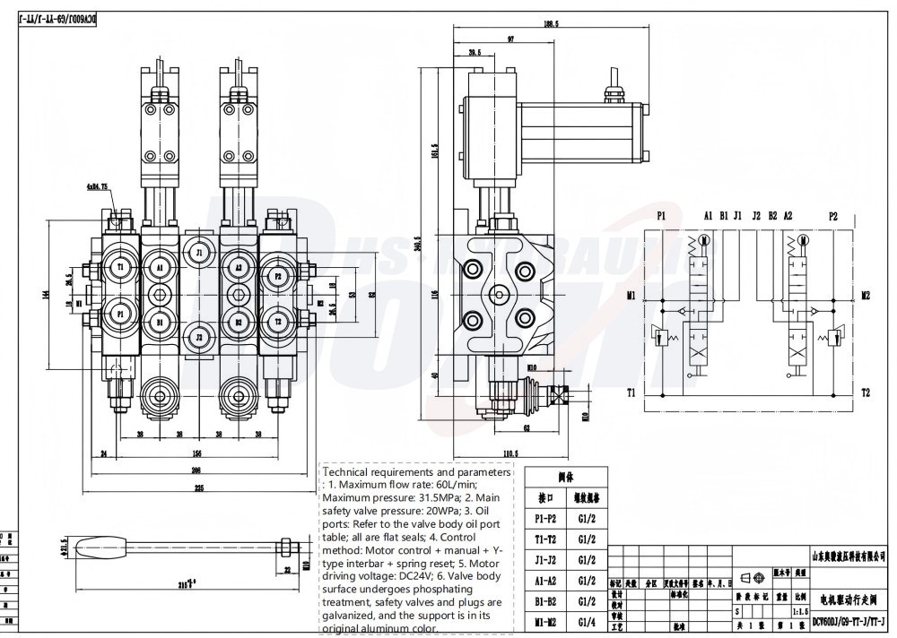 DCV60 Electric Motor 2 Spool Sectional Valve Factory Direct Supply drawing image