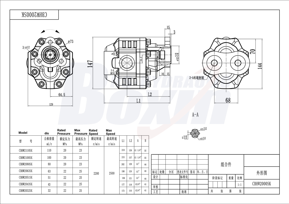 CBHW-UNI-80 80 cc/giro 25 MPa (3625 psi) Pompa a ingranaggi idraulica drawing image